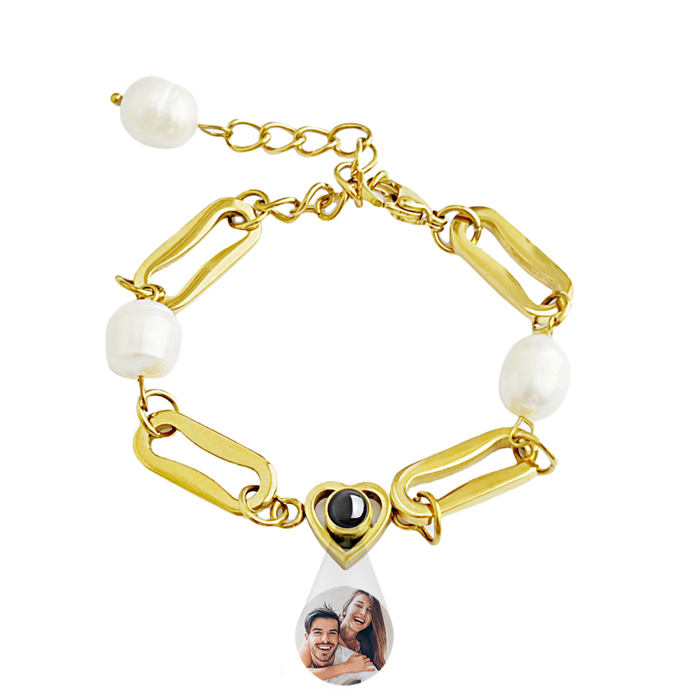 Custom Photo Projection Circle Heart Bracelet 18k Gold Plated Stainless Steel Cuban Link Freshwater Baroque Pearl Waterproof Bracelet Gift for Her - MyMoonLampUk