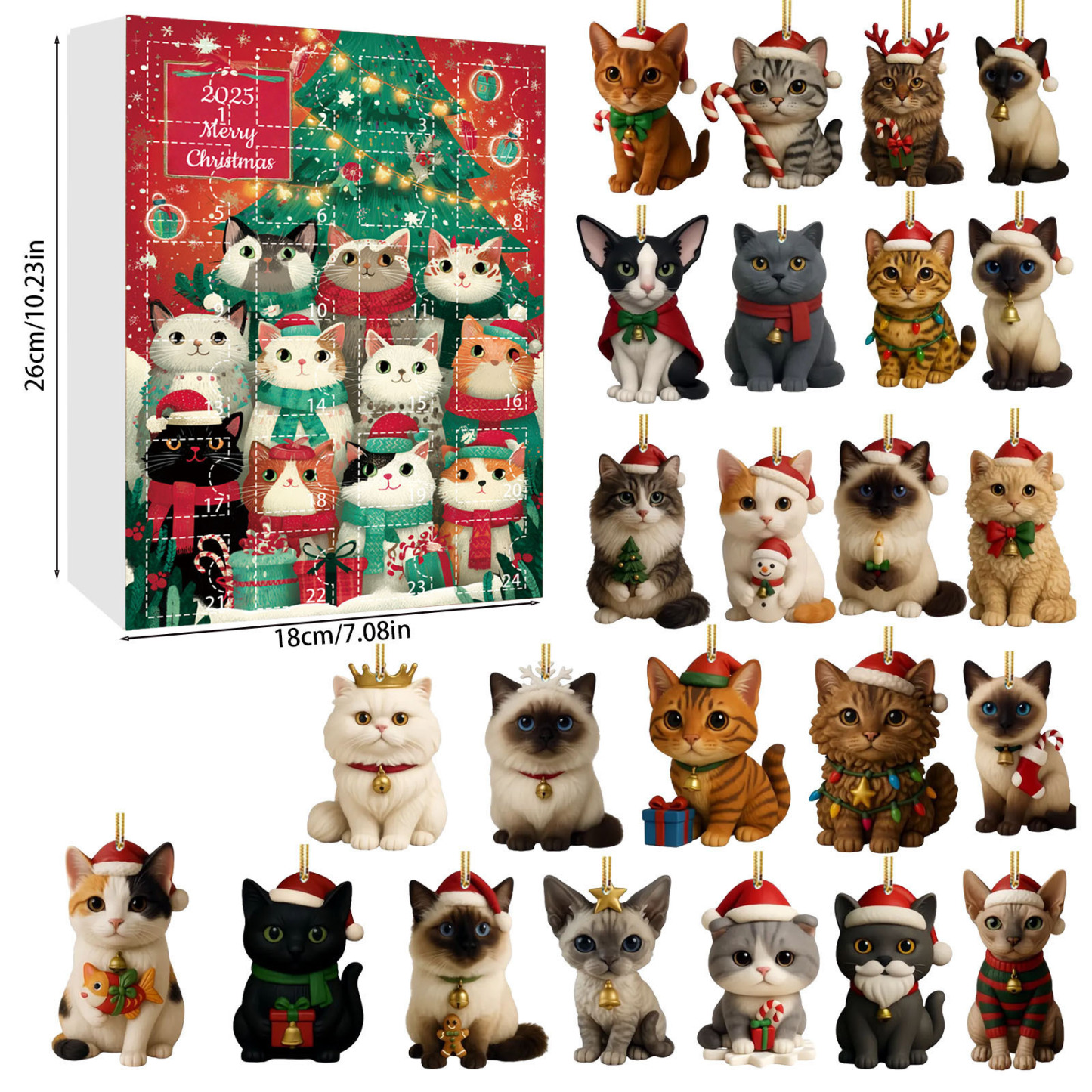 Christmas Countdown Calendar 24 Unique 2D Acrylic Cat Christmas Ornament Advent Calendar Gift for Pet Lovers - MyMoonLampUk