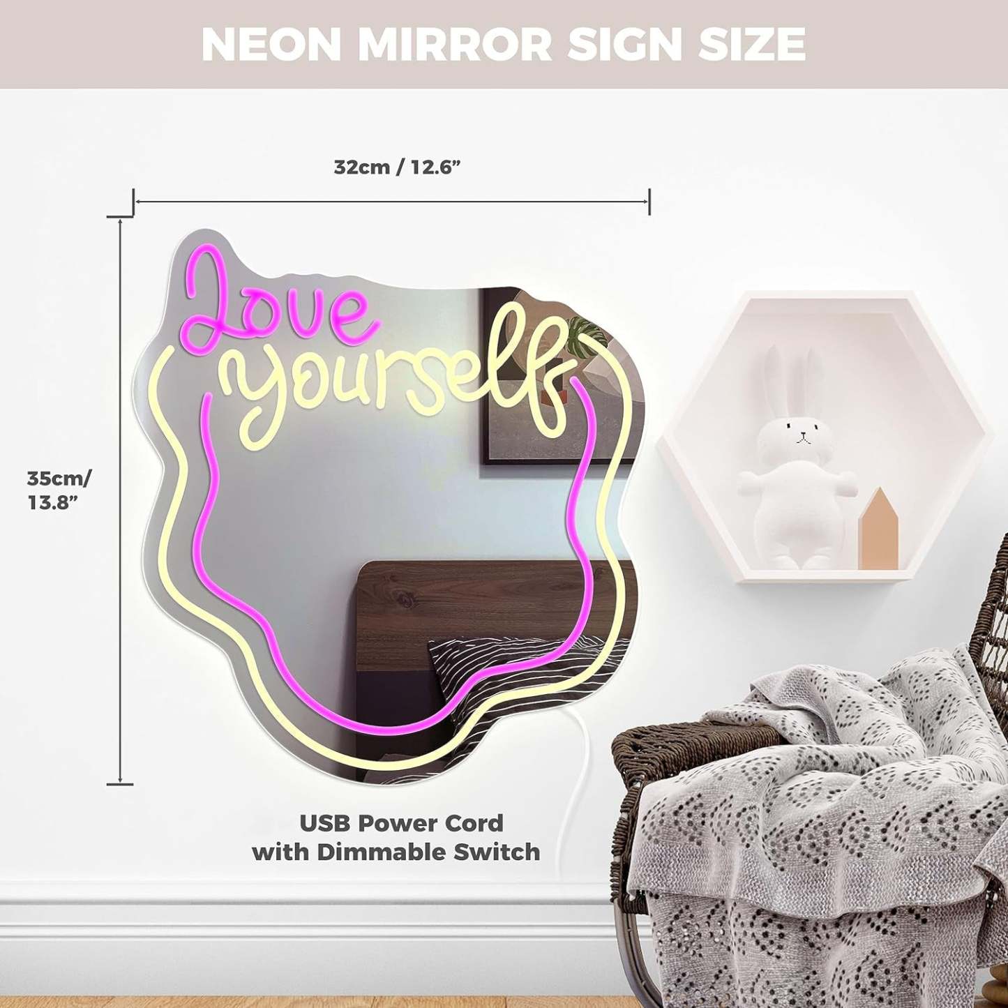 Love Yourself Mirror Light for Wall Wavy Neon Mirror LED Dimmable Light Gift for Her - mymoonlampuk