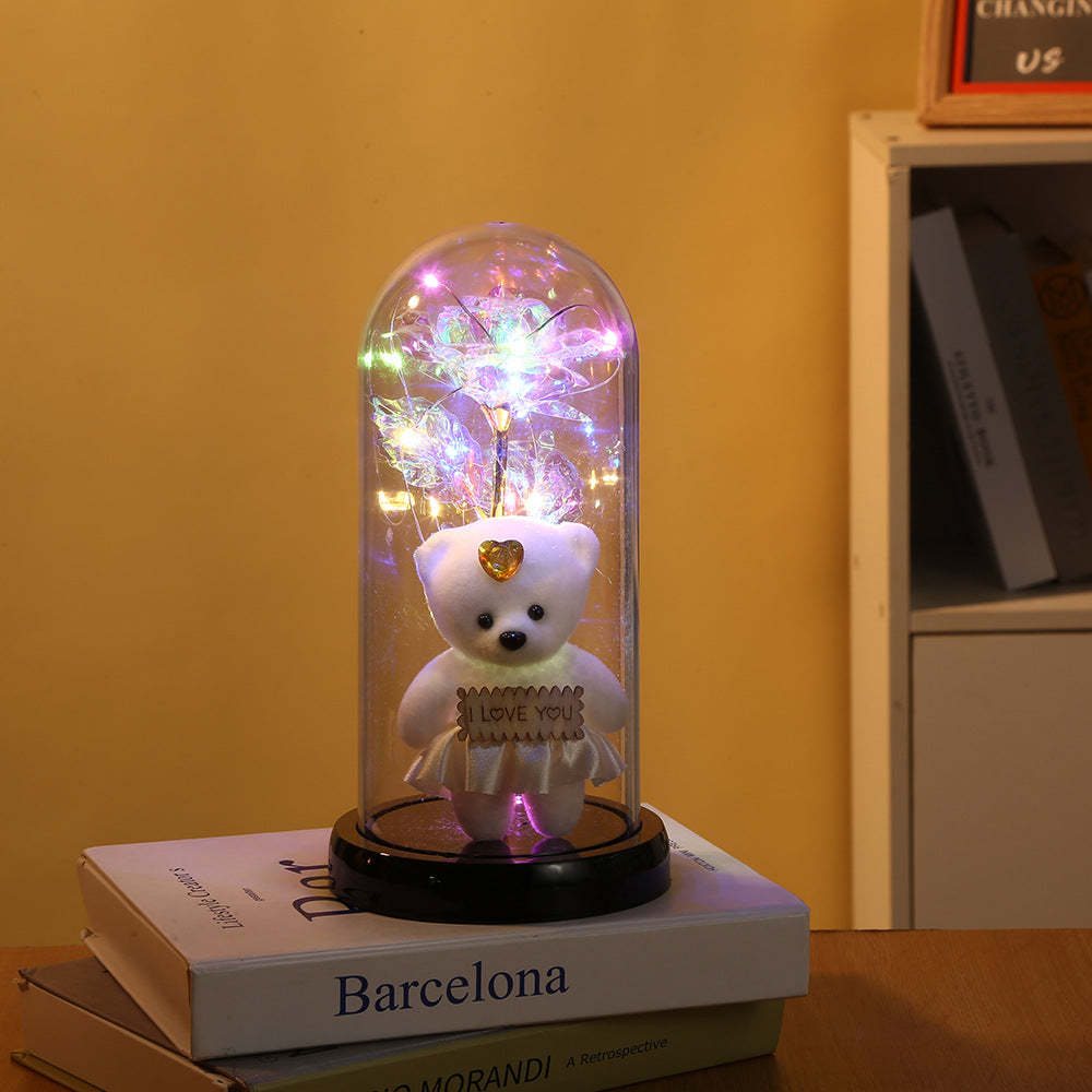 Romantic Simulation Eternal Rose Flower Bear Glass Cover LED Night Light - mymoonlampuk
