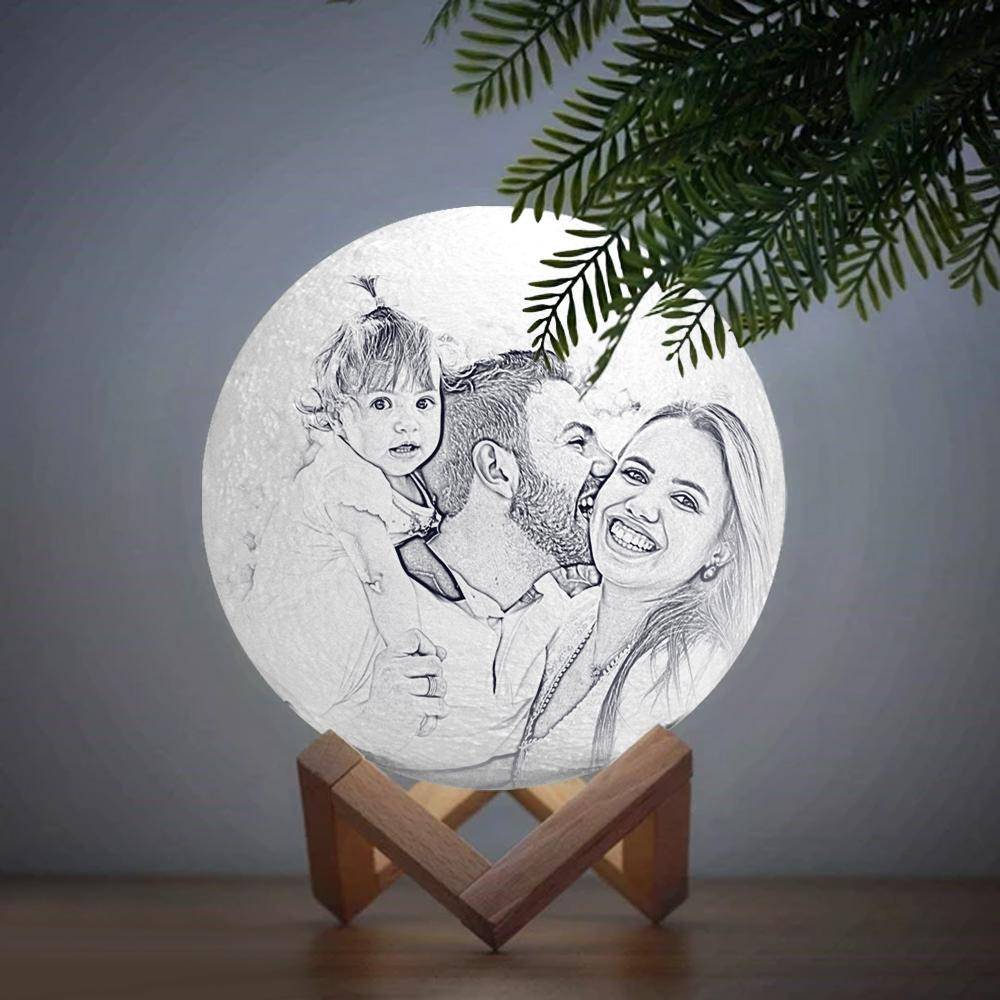 Custom Photo Engraved 3D Printing Moon Lamp, Creative Idea For Family - Tap Three Colors