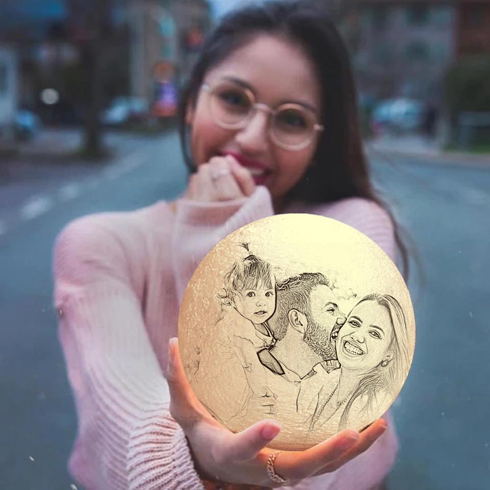 Custom Photo Engraved 3D Printing Moon Lamp, Creative Idea For Family - Tap Three Colors