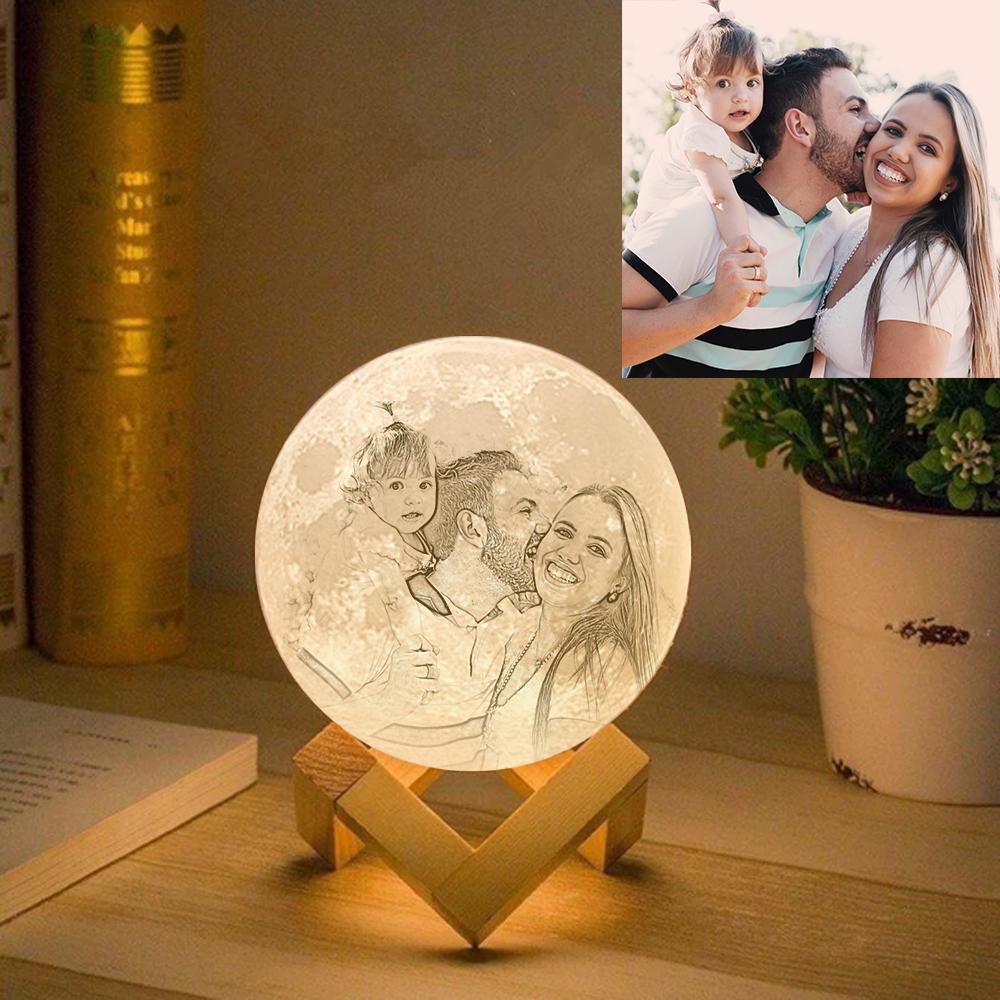 Custom Photo Engraved 3D Printing Moon Lamp, Creative Idea For Family - Tap Three Colors