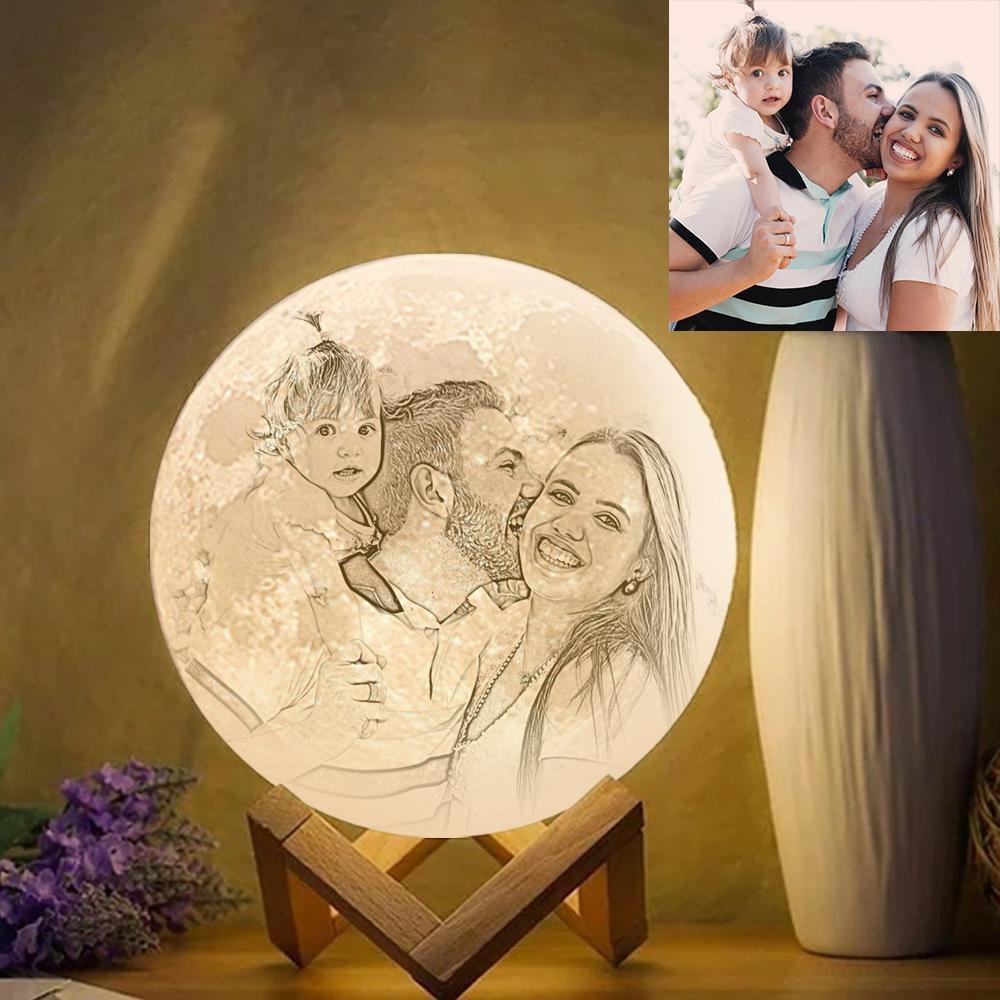 Custom Photo Engraved 3D Printing Moon Lamp, Creative Idea For Family - Tap Three Colors