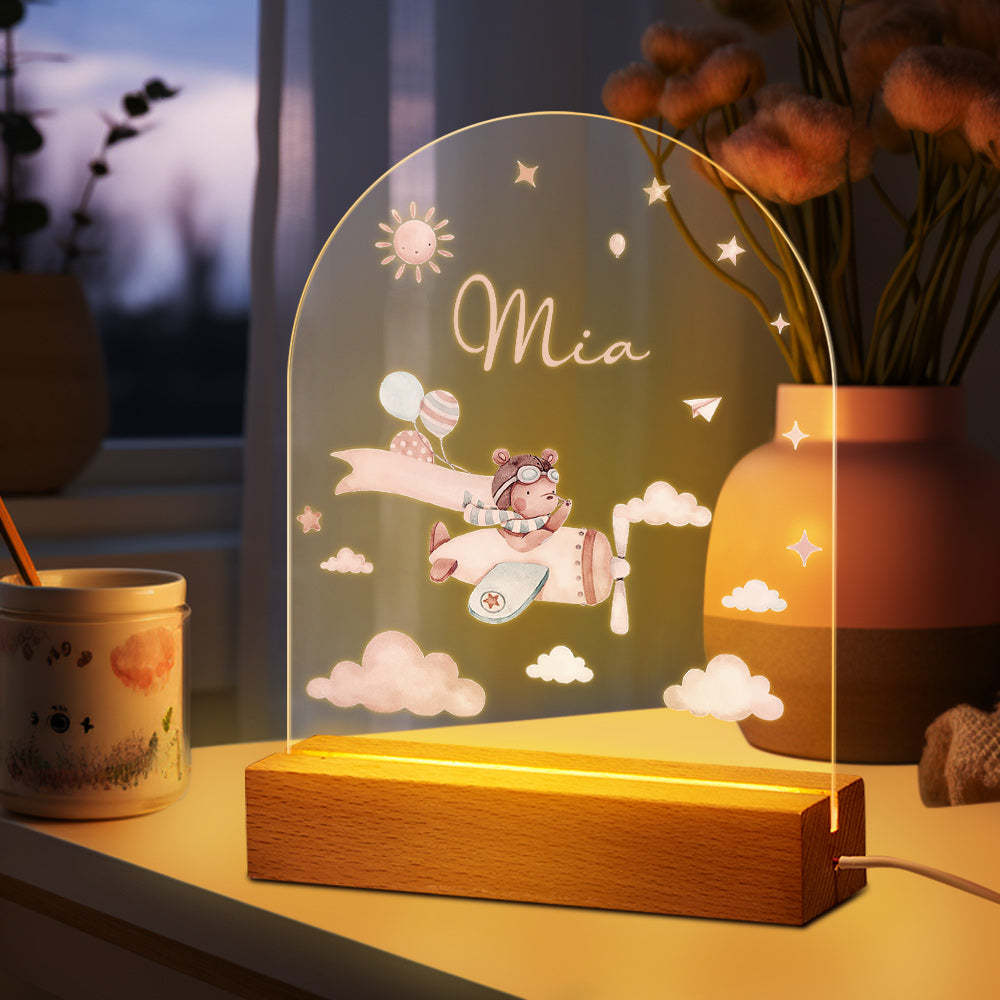 Personalised Baby Night Light With Wooden Base Custom Name Nursery Animals Light Baby Gift - mymoonlampuk