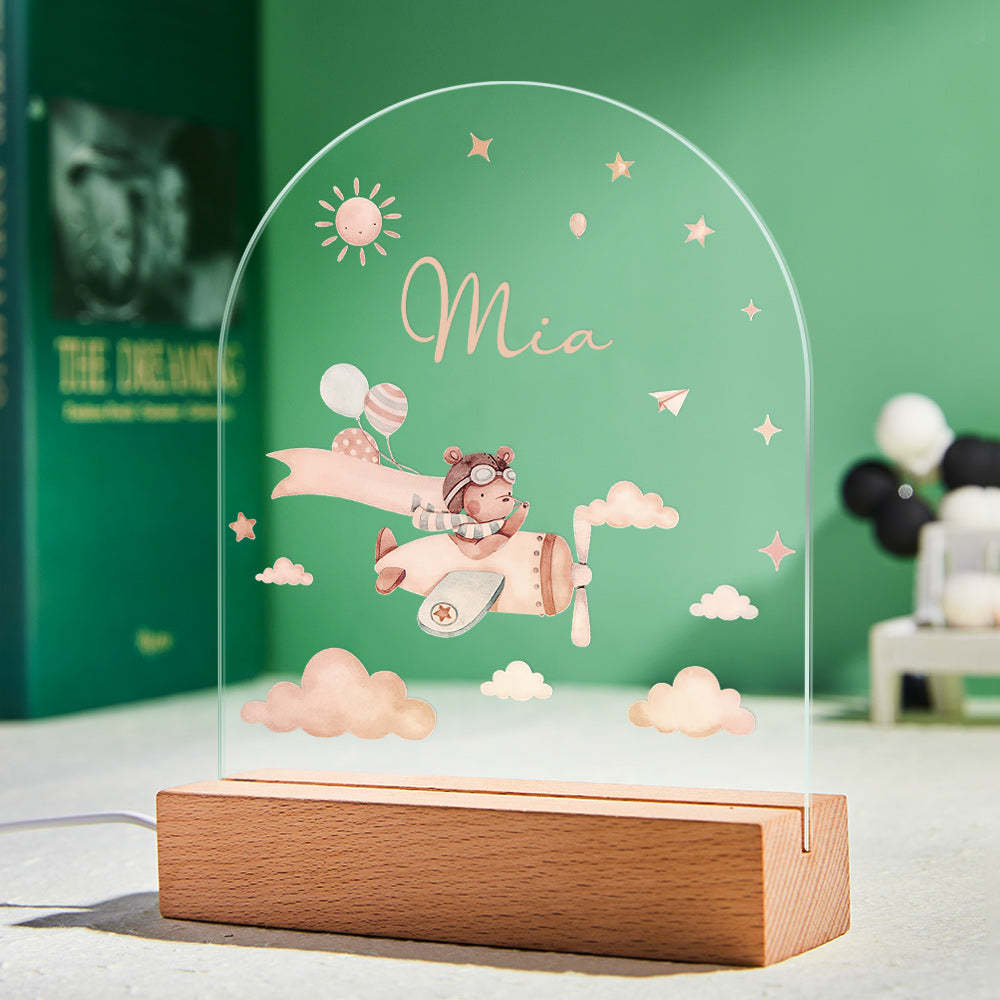 Personalised Baby Night Light With Wooden Base Custom Name Nursery Animals Light Baby Gift - mymoonlampuk