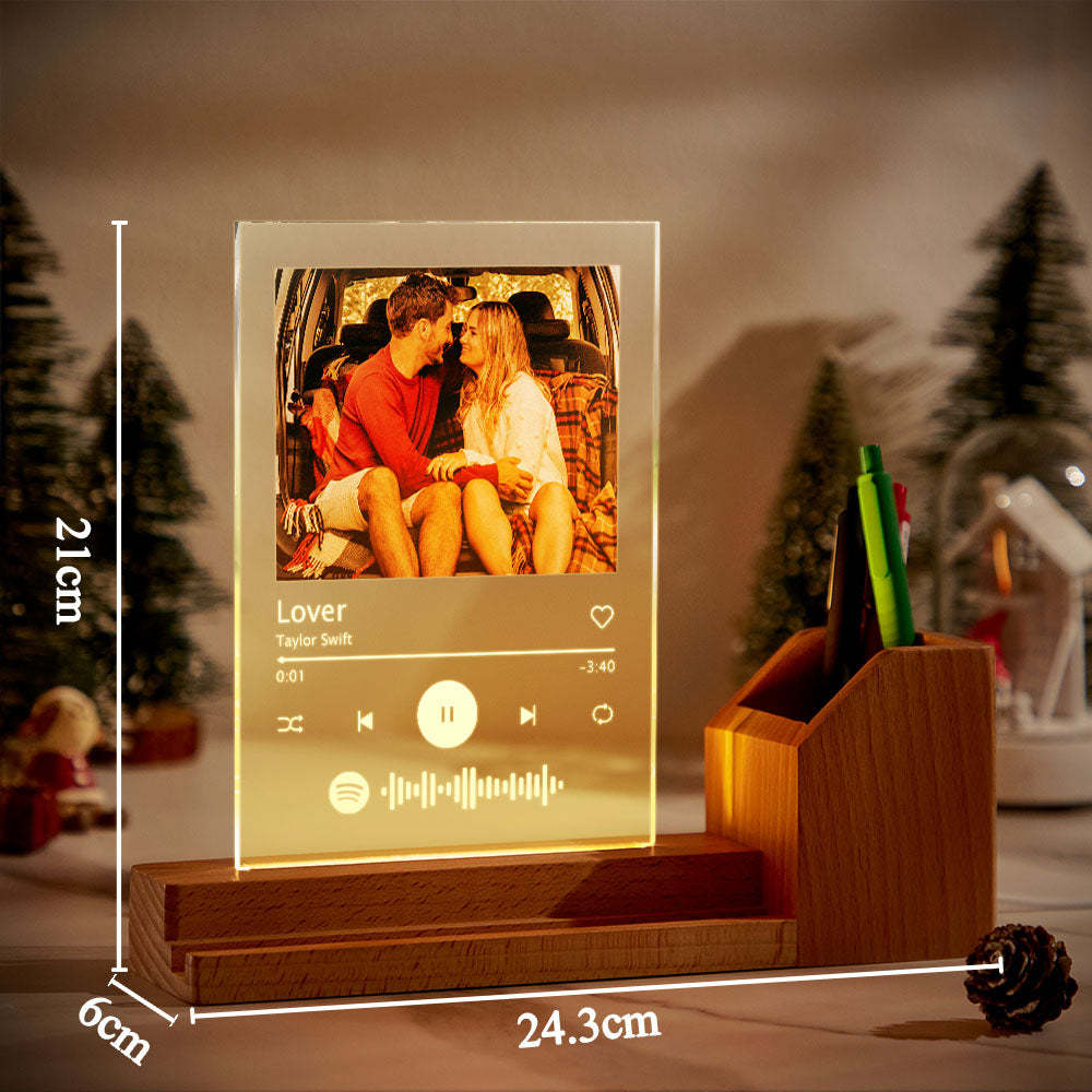 Custom Spotify Code Personalized Photo Acrylic Light Wooden Pen Holder Lamp - mymoonlampuk