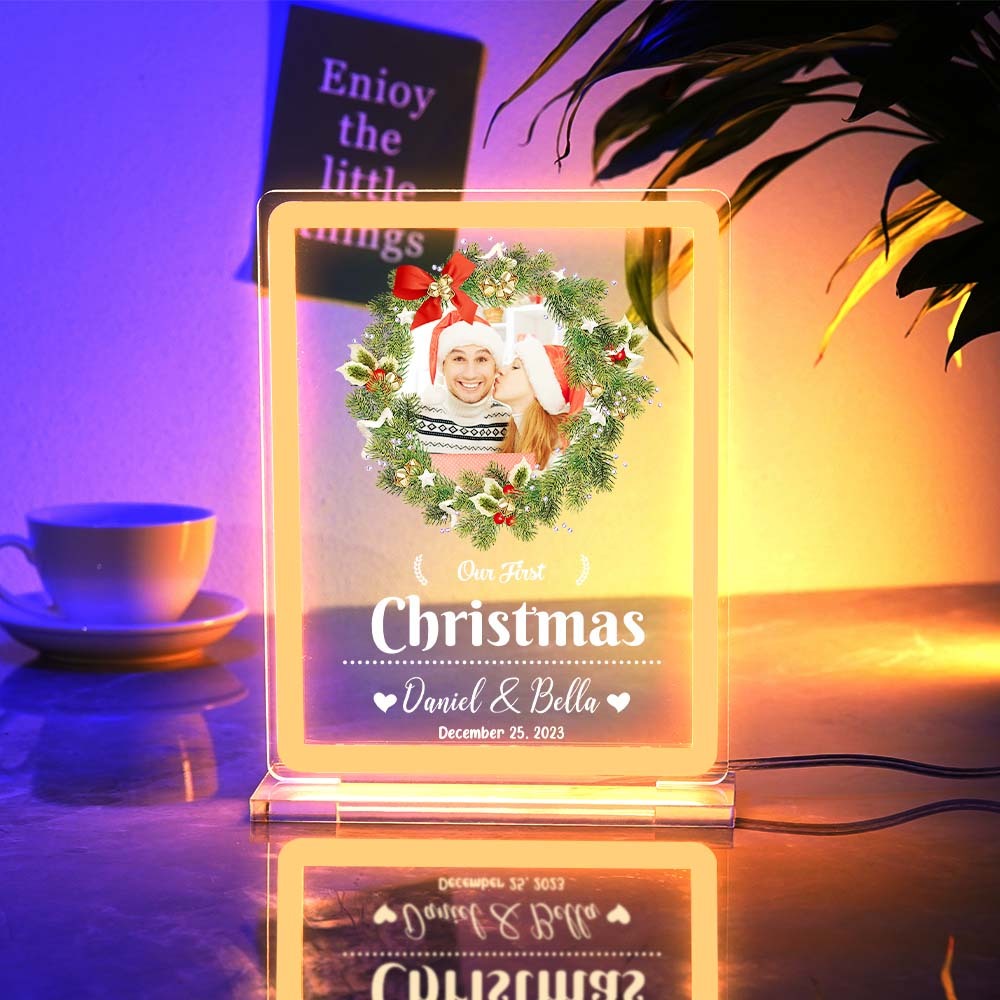 Personalised Photo Night Light With Neon Sign Our First Christmas Theme Lamp Christmas Gifts - mymoonlampuk