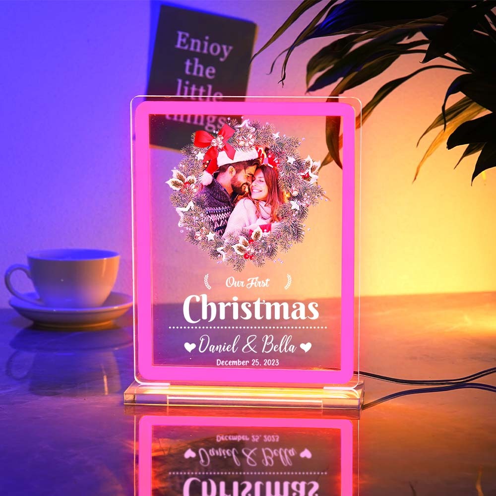 Personalised Photo Night Light With Neon Sign Our First Christmas Theme Lamp Christmas Gifts - mymoonlampuk