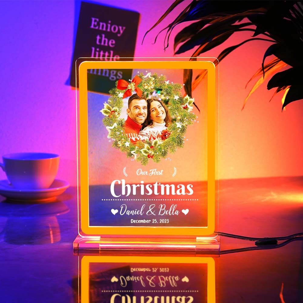 Personalised Photo Night Light With Neon Sign Our First Christmas Theme Lamp Christmas Gifts - mymoonlampuk