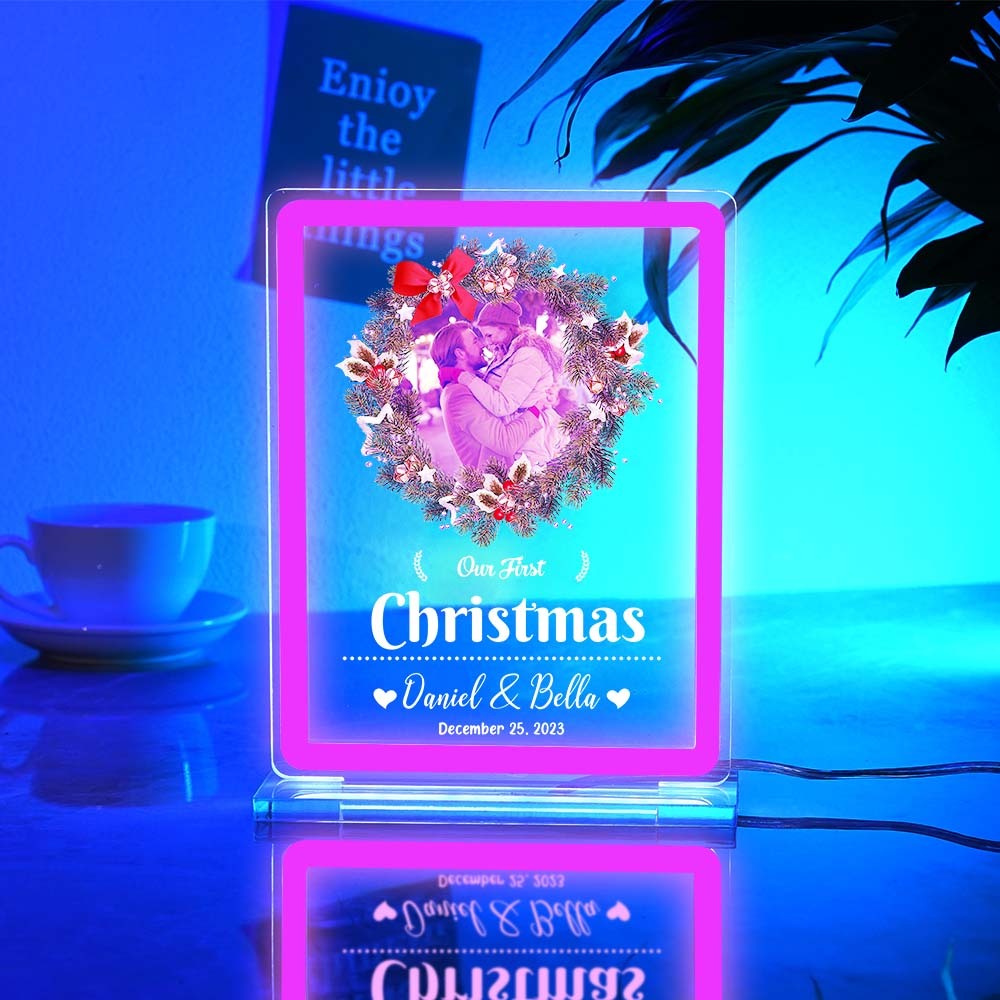 Personalised Photo Night Light With Neon Sign Our First Christmas Theme Lamp Christmas Gifts - mymoonlampuk