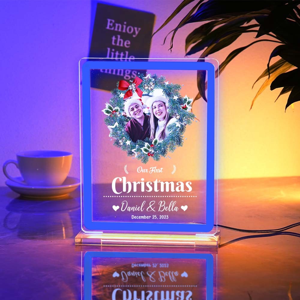 Personalised Photo Night Light With Neon Sign Our First Christmas Theme Lamp Christmas Gifts - mymoonlampuk