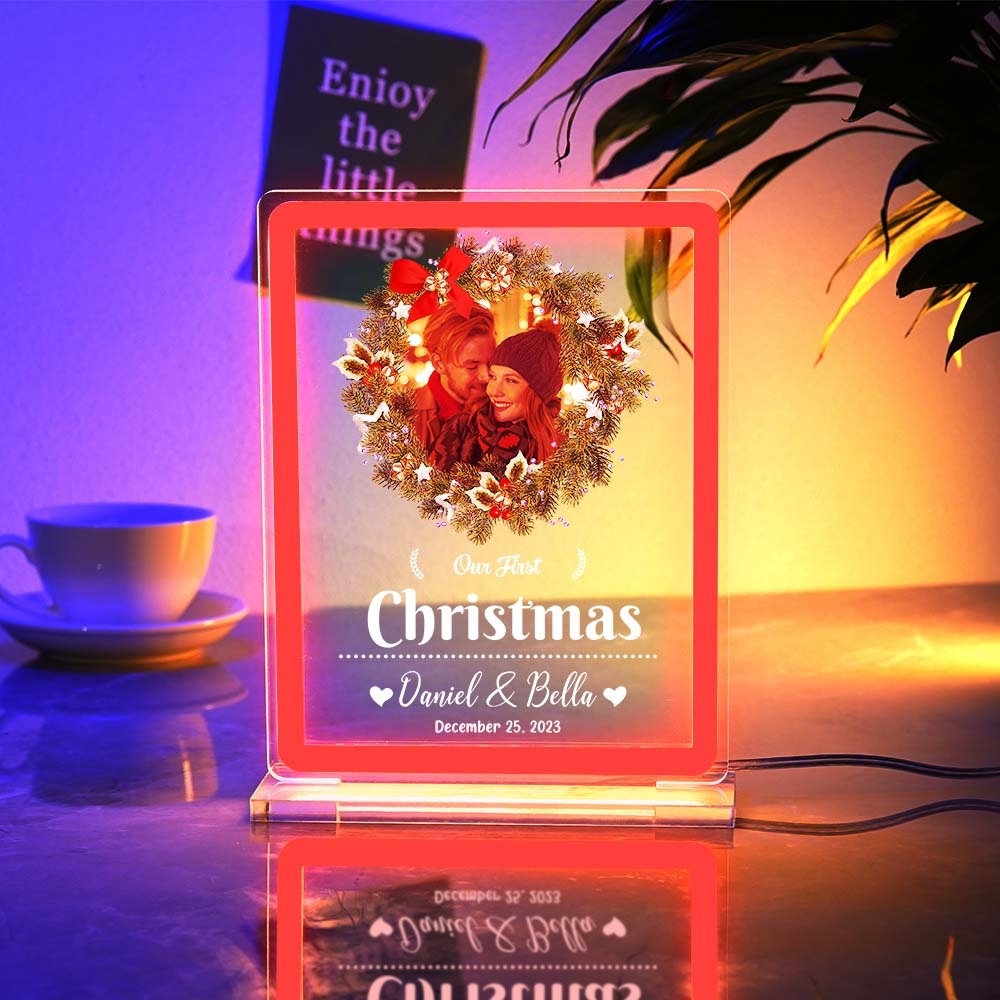 Personalised Photo Night Light With Neon Sign Our First Christmas Theme Lamp Christmas Gifts - mymoonlampuk