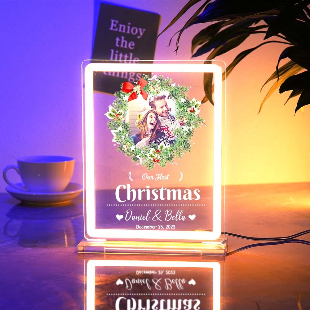 Personalised Photo Night Light With Neon Sign Our First Christmas Theme Lamp Christmas Gifts - mymoonlampuk