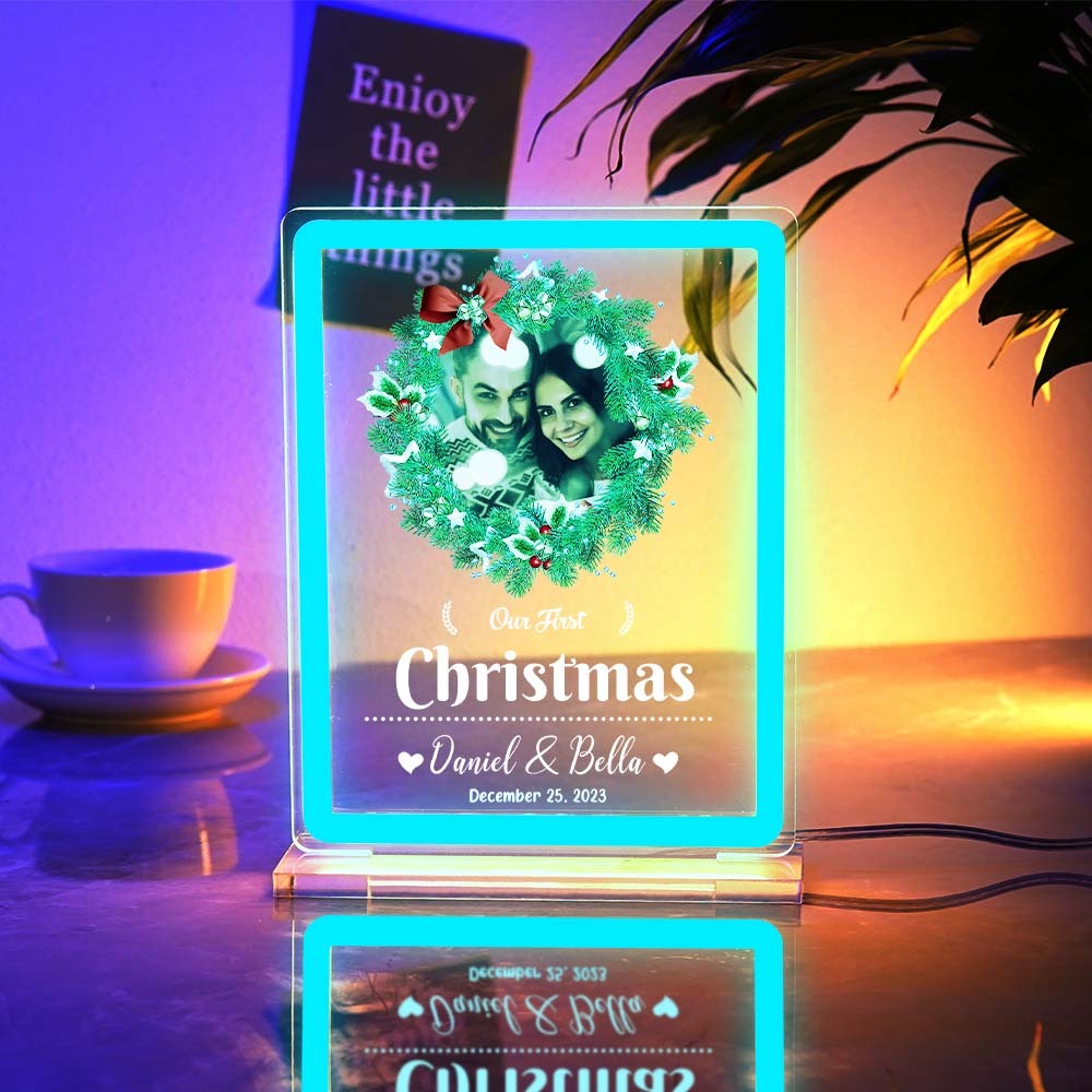 Personalised Photo Night Light With Neon Sign Our First Christmas Theme Lamp Christmas Gifts - mymoonlampuk