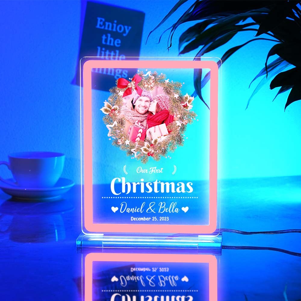 Personalised Photo Night Light With Neon Sign Our First Christmas Theme Lamp Christmas Gifts - mymoonlampuk