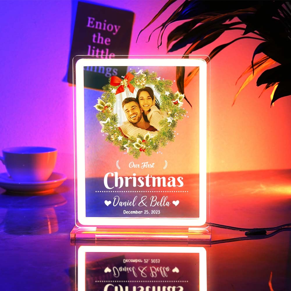 Personalised Photo Night Light With Neon Sign Our First Christmas Theme Lamp Christmas Gifts - mymoonlampuk