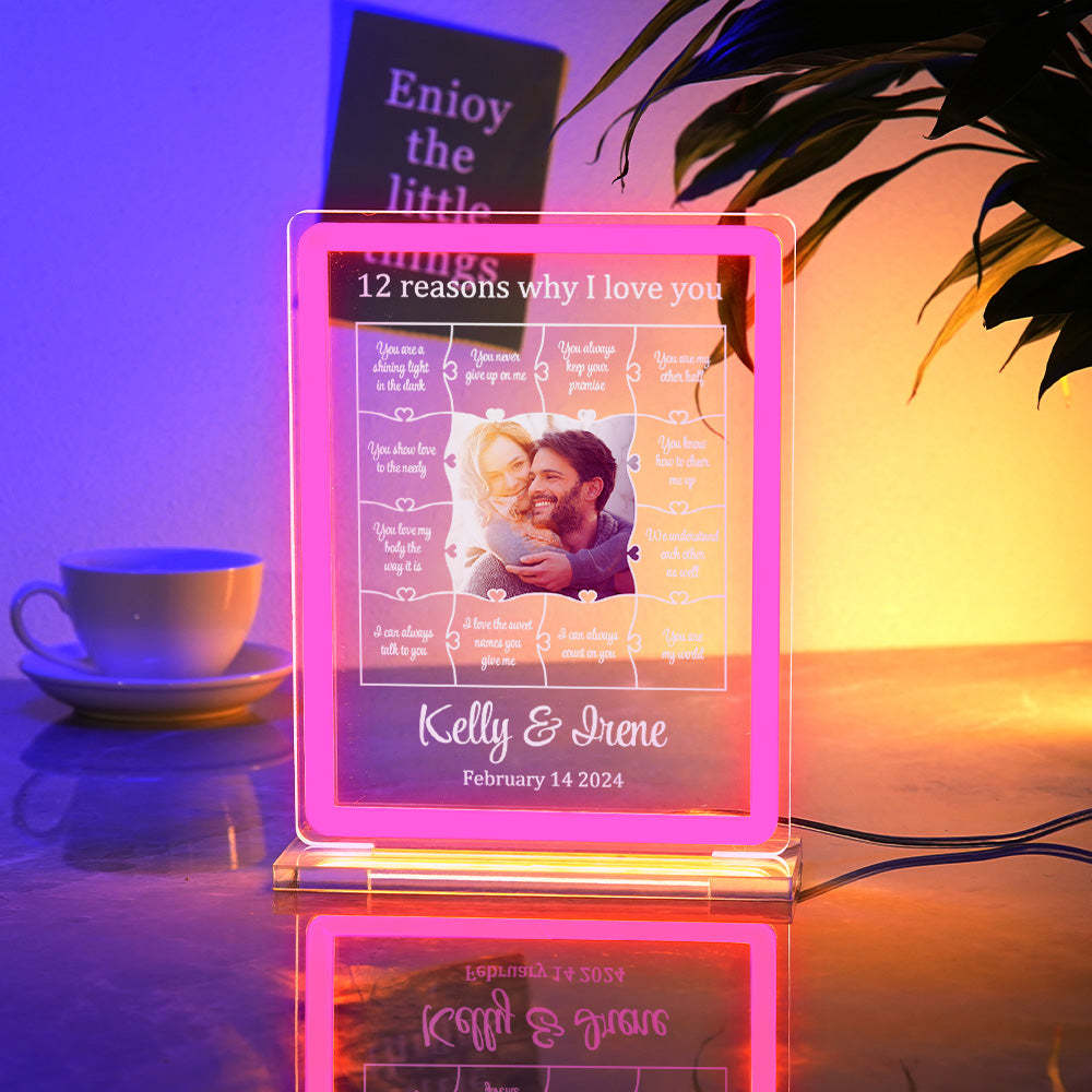 Personalized Photo Acrylic Neon Night Light Romantic Lighting Gifts For Her - 12 Reasons Why I Love You - mymoonlampuk