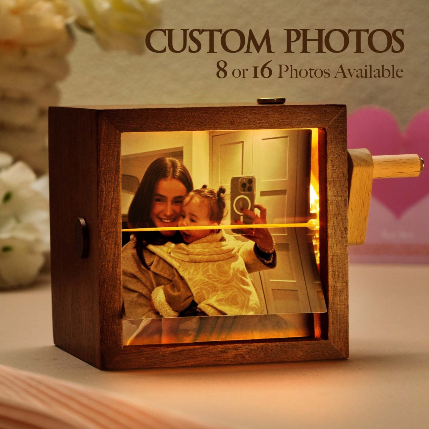 Mother's Day Gift Custom Flip Book Frame Animation Machine Mechanical Hand-cranked Photo Album with Light Black Walnut Baby Photo Cube Frame Creative Gift