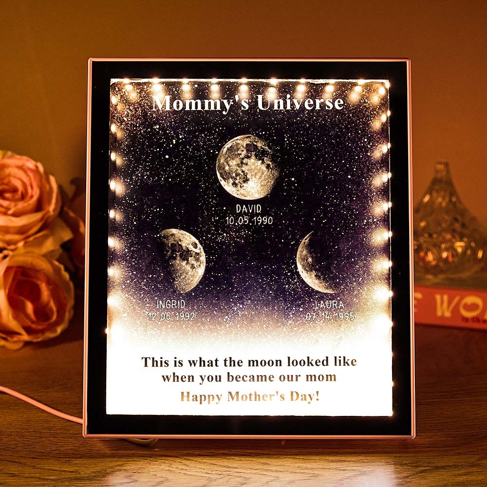 Mommy's Universe - Personalised Customised Starry Moon Phase Mirror Lightboxes - MyMoonLampUk