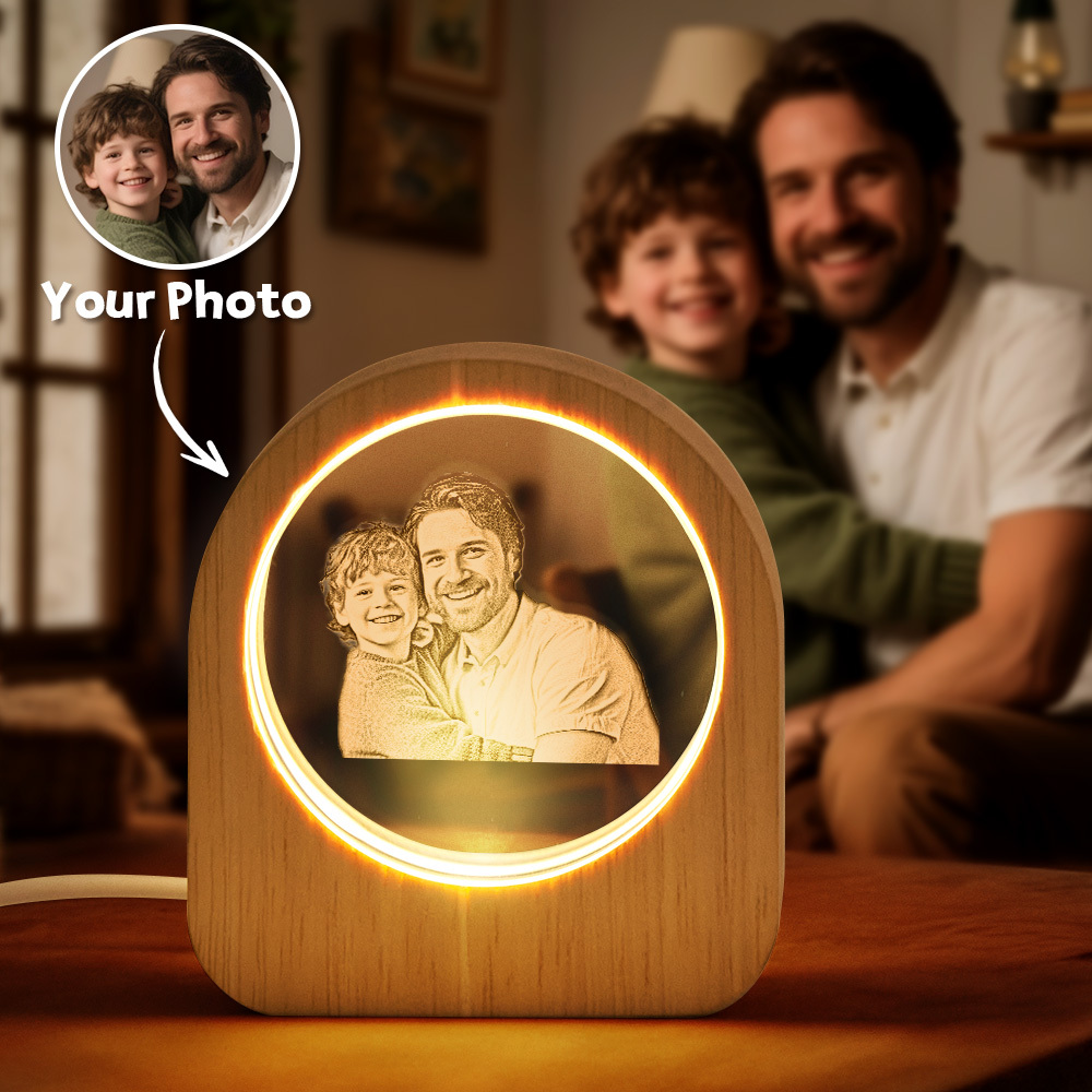 Father's Day Gift Custom Crystal Picture Photo Glass Night Light - LED Light Wooden Base, Unique Gift for Lover, Pets, Birthday - MyMoonLampUk