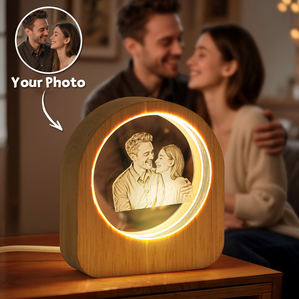Father's Day Gift Custom Crystal Picture Photo Glass Night Light - LED Light Wooden Base, Unique Gift for Lover, Pets, Birthday - MyMoonLampUk