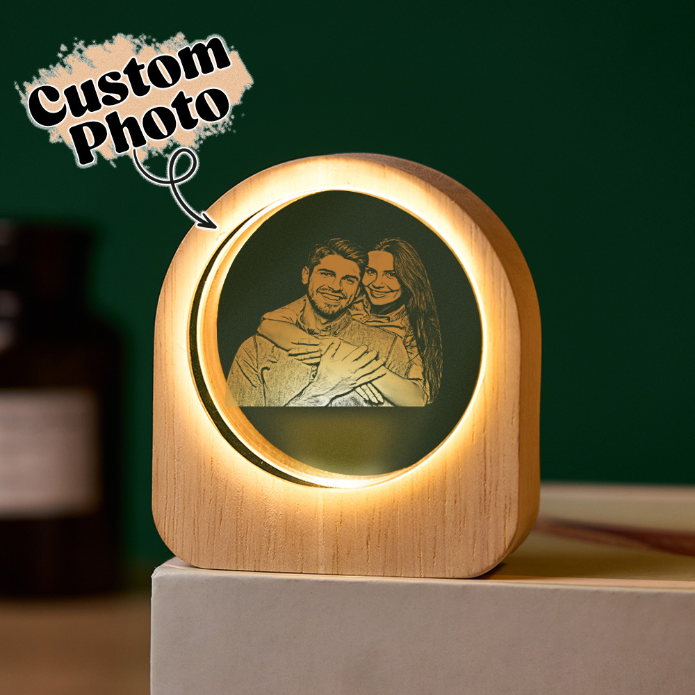 Father's Day Gift Custom Crystal Picture Photo Glass Night Light - LED Light Wooden Base, Unique Gift for Lover, Pets, Birthday - MyMoonLampUk