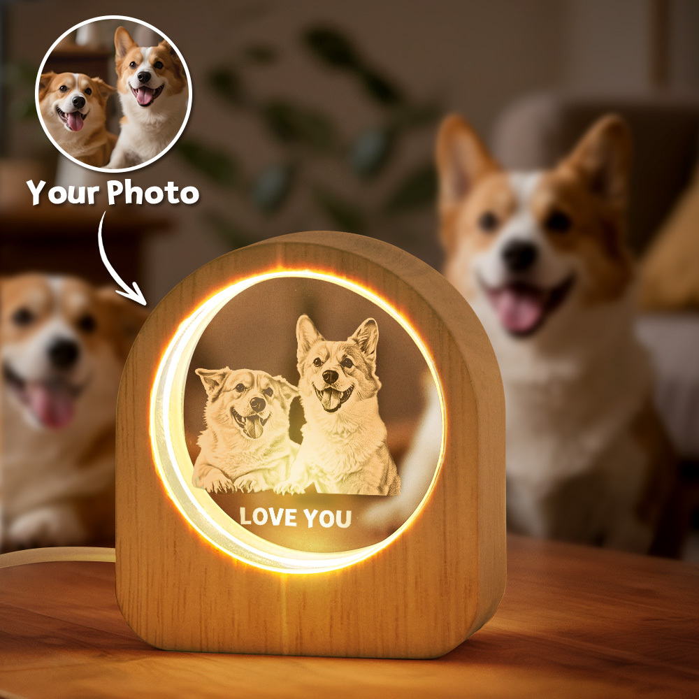 Father's Day Gift Custom Crystal Picture Photo Glass Night Light - LED Light Wooden Base, Unique Gift for Lover, Pets, Birthday - MyMoonLampUk