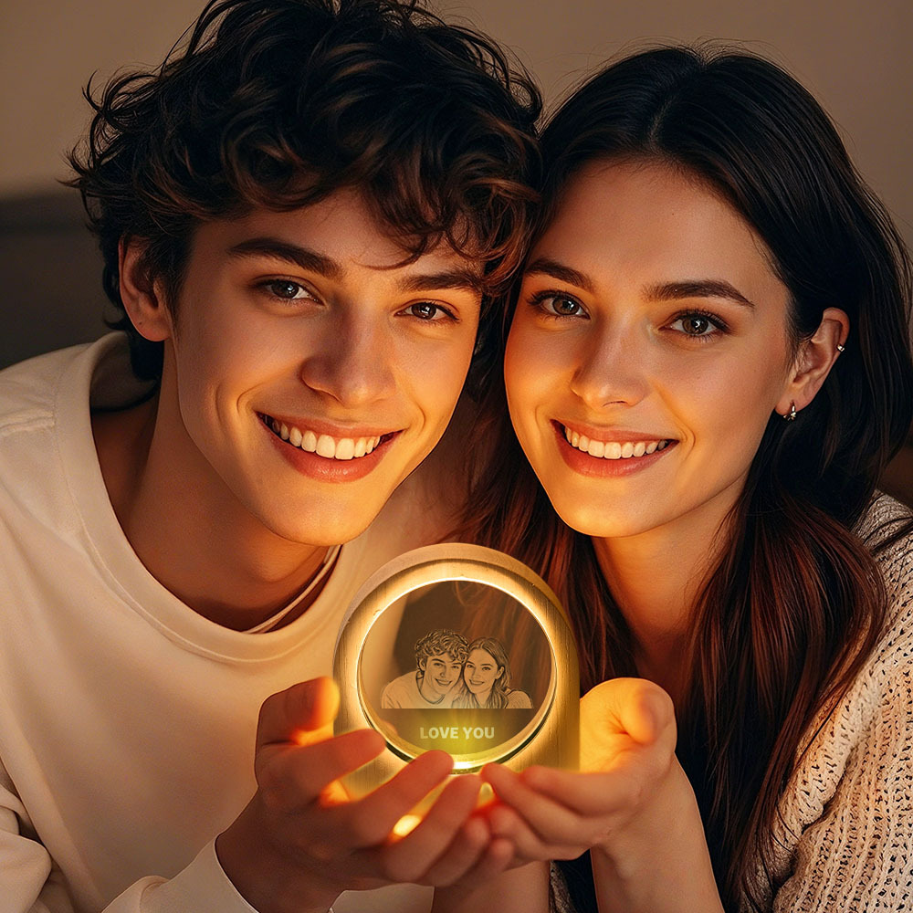 Father's Day Gift Custom Crystal Picture Photo Glass Night Light - LED Light Wooden Base, Unique Gift for Lover, Pets, Birthday - MyMoonLampUk