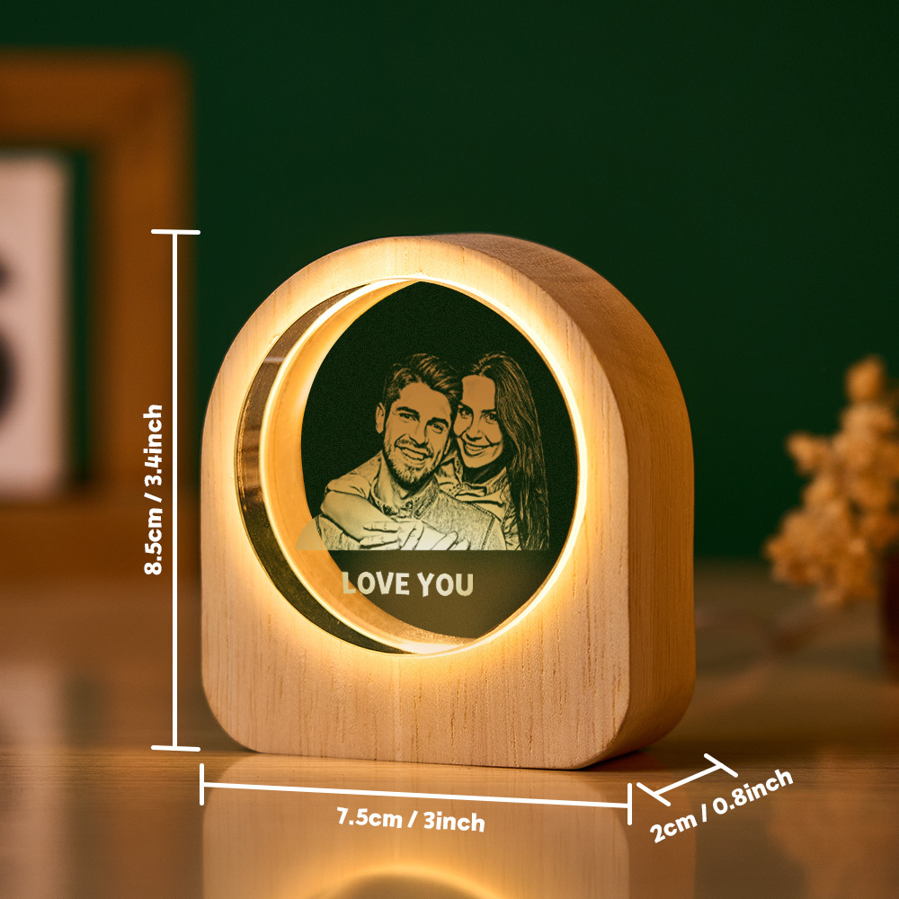 Father's Day Gift Custom Crystal Picture Photo Glass Night Light - LED Light Wooden Base, Unique Gift for Lover, Pets, Birthday - MyMoonLampUk
