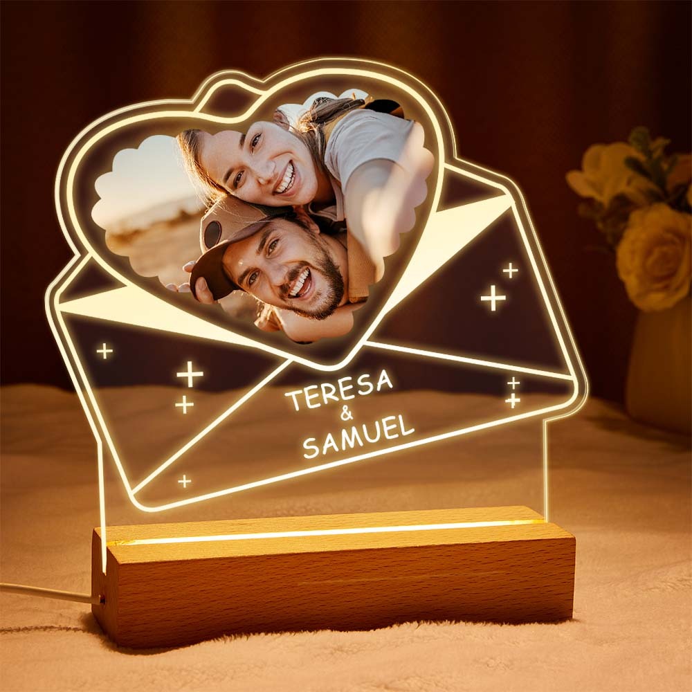 Custom Photo Acrylic Night Light with Name Personalized Lamp Couples Heart Shaped Envelopes - mymoonlampuk