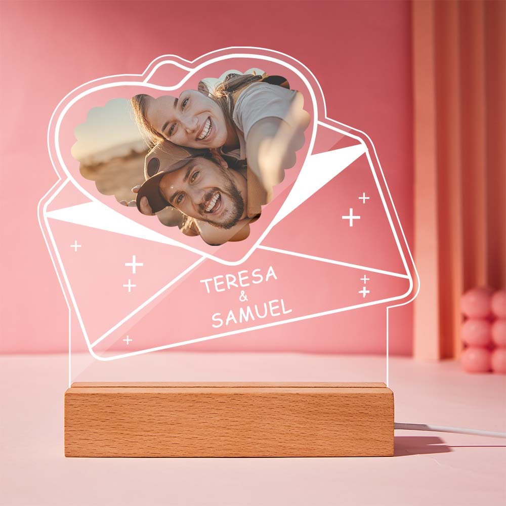 Custom Photo Acrylic Night Light with Name Personalized Lamp Couples Heart Shaped Envelopes - mymoonlampuk