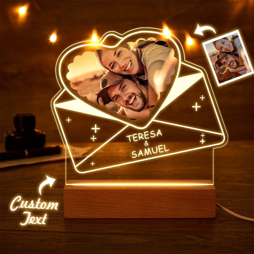 Custom Photo Acrylic Night Light with Name Personalized Lamp Couples Heart Shaped Envelopes - mymoonlampuk