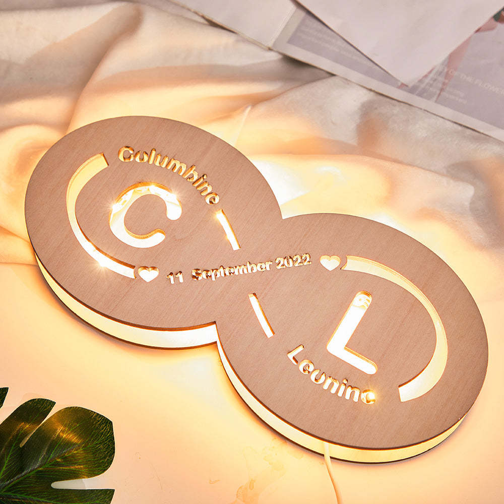 Custom Name and Date Infinity Love Sign Night Light with Initials Wooden Lamp for Lovers - mymoonlampuk