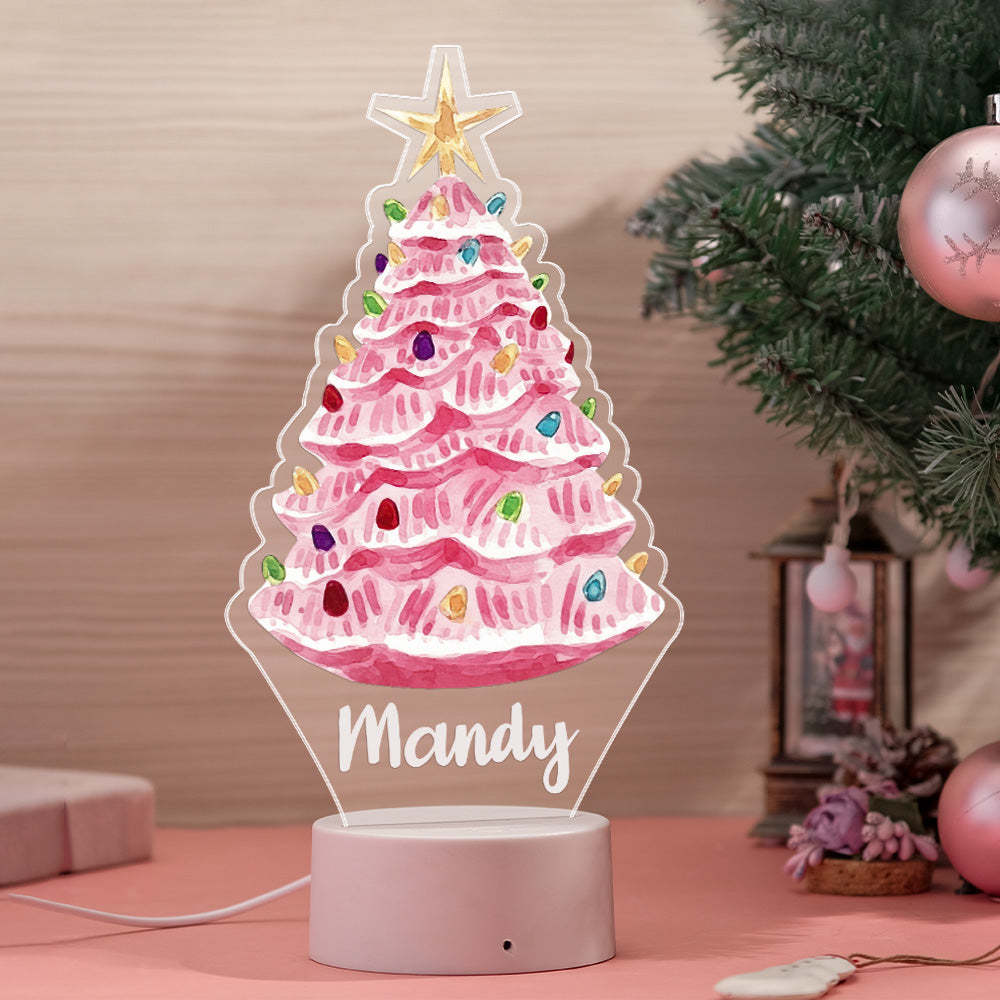 Custom Name Pink Christmas Tree with Multicolored Bulbs Lamp LED Night Light for Couple Gift - mymoonlampuk