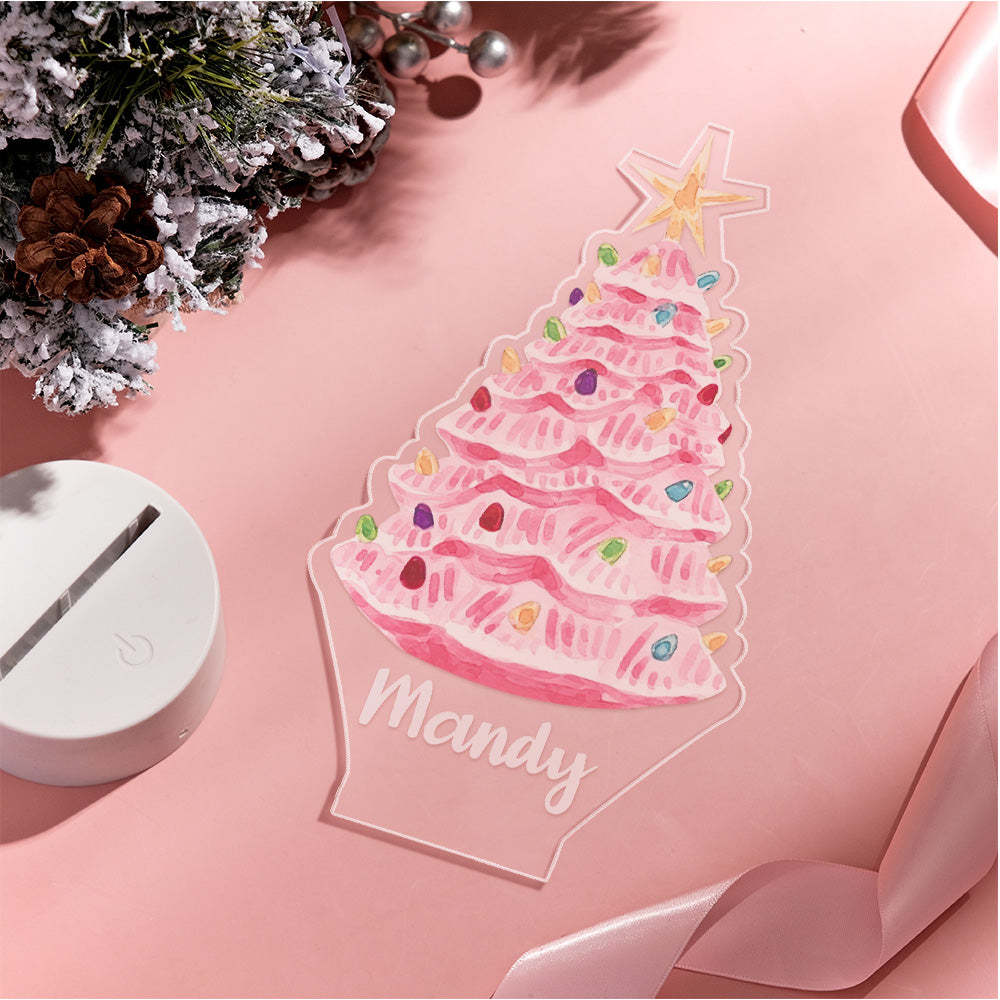 Custom Name Pink Christmas Tree with Multicolored Bulbs Lamp LED Night Light for Couple Gift - mymoonlampuk