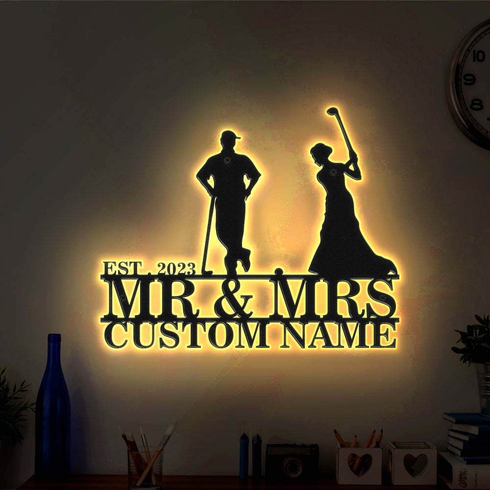 Custom Golfer Couple Metal Wall Art Personalized Couple Name LED Lights Decor Gift for Anniversary - photomoonlamp