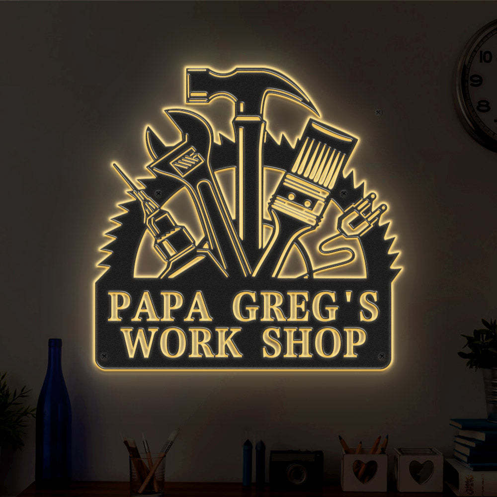 Custom Workshop Metal Sign Personalized LED Lights Wall Art Decor Father's Day Gift - photomoonlamp