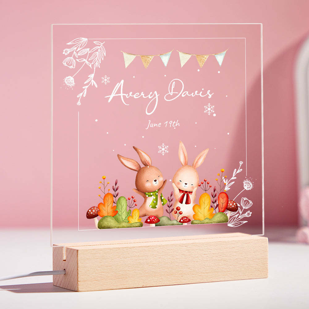 Custom Name Snd Date Forest Rabbit Acrylic Night Light Nursery Room Lamp Gift for Girl - mymoonlampuk