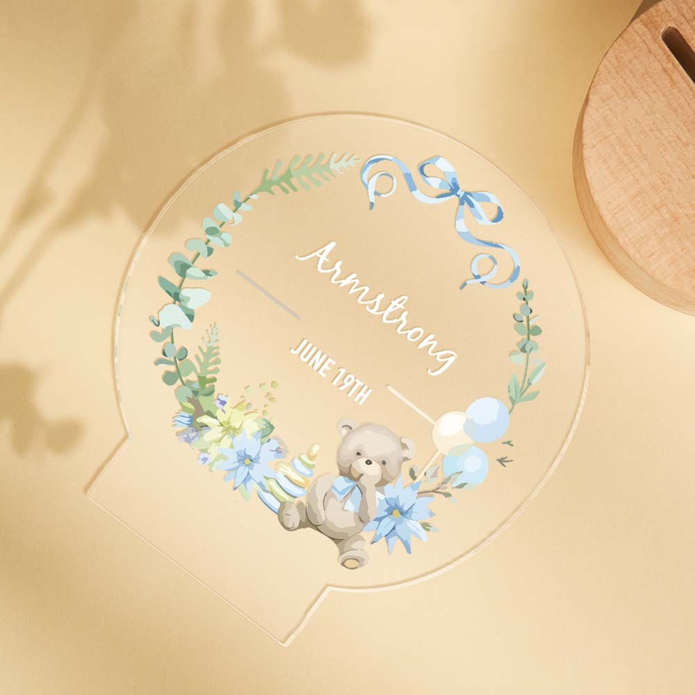 Custom Cute Bear Kids Bedside Lamp Personalized Name Balloons And Flowers Acrylic Night Light - mymoonlampuk