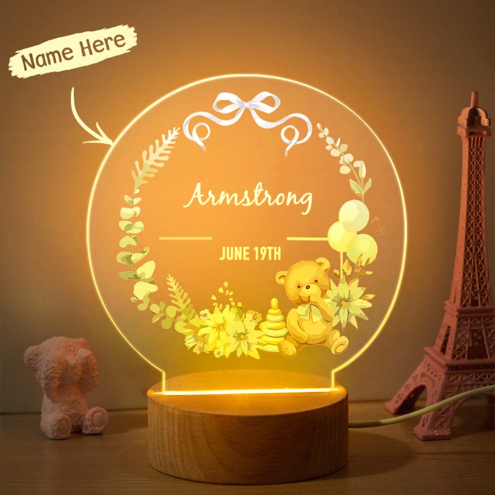 Custom Cute Bear Kids Bedside Lamp Personalized Name Balloons And Flowers Acrylic Night Light - mymoonlampuk