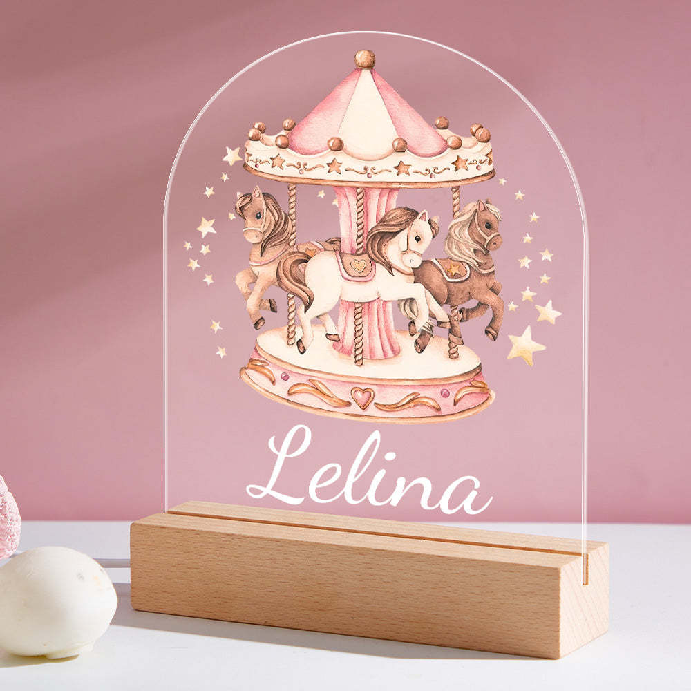 Custom Name Nursery Night Light Personalised Pink Horse Carousel For Newborn Night Light baby Birthday Gift - mymoonlampuk