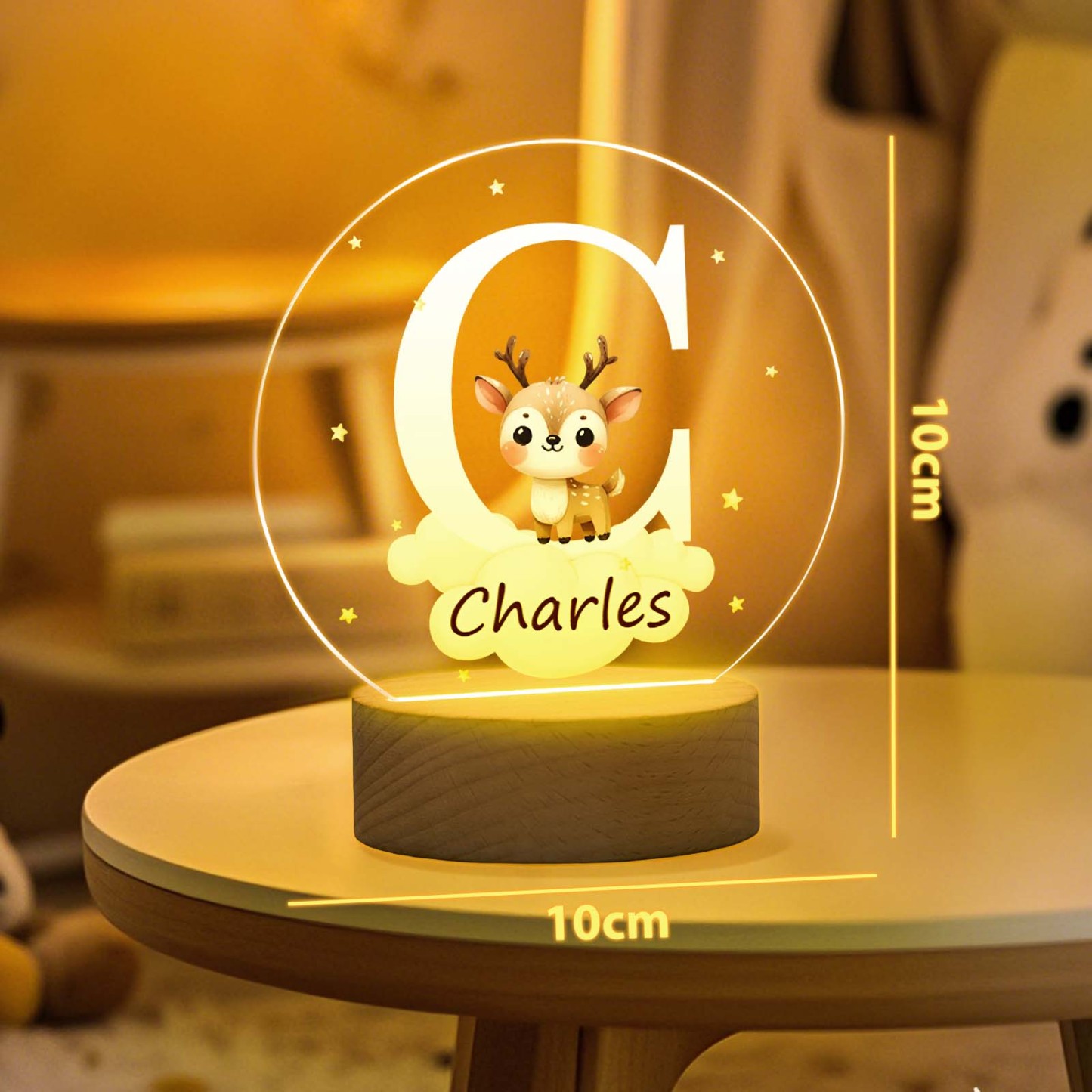 Personalized Fantasy Star Cloud Cute Forest Animal Initial Name LED Night Light with Wooden Base Nursery Decor Birthday Baby Shower Gift for Kids