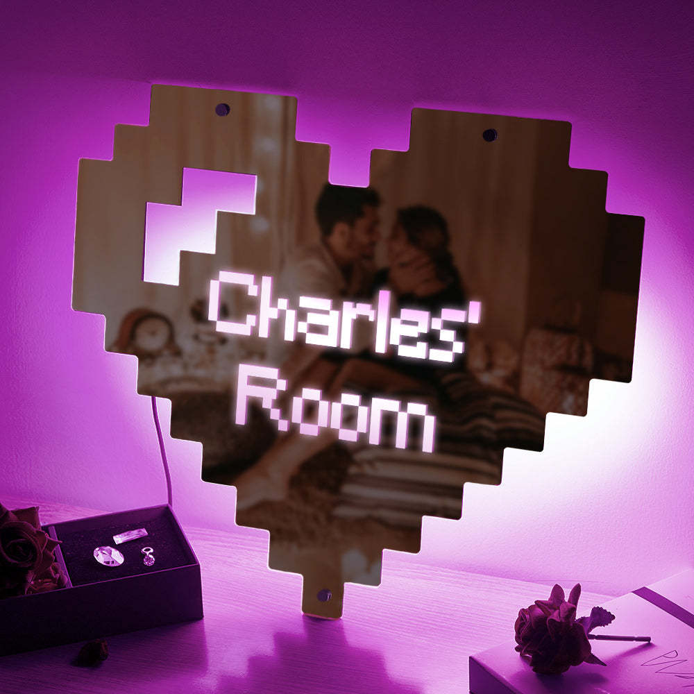 Custom Engraved Mirror Light Pixel Style Heart Home Gift - mymoonlampuk