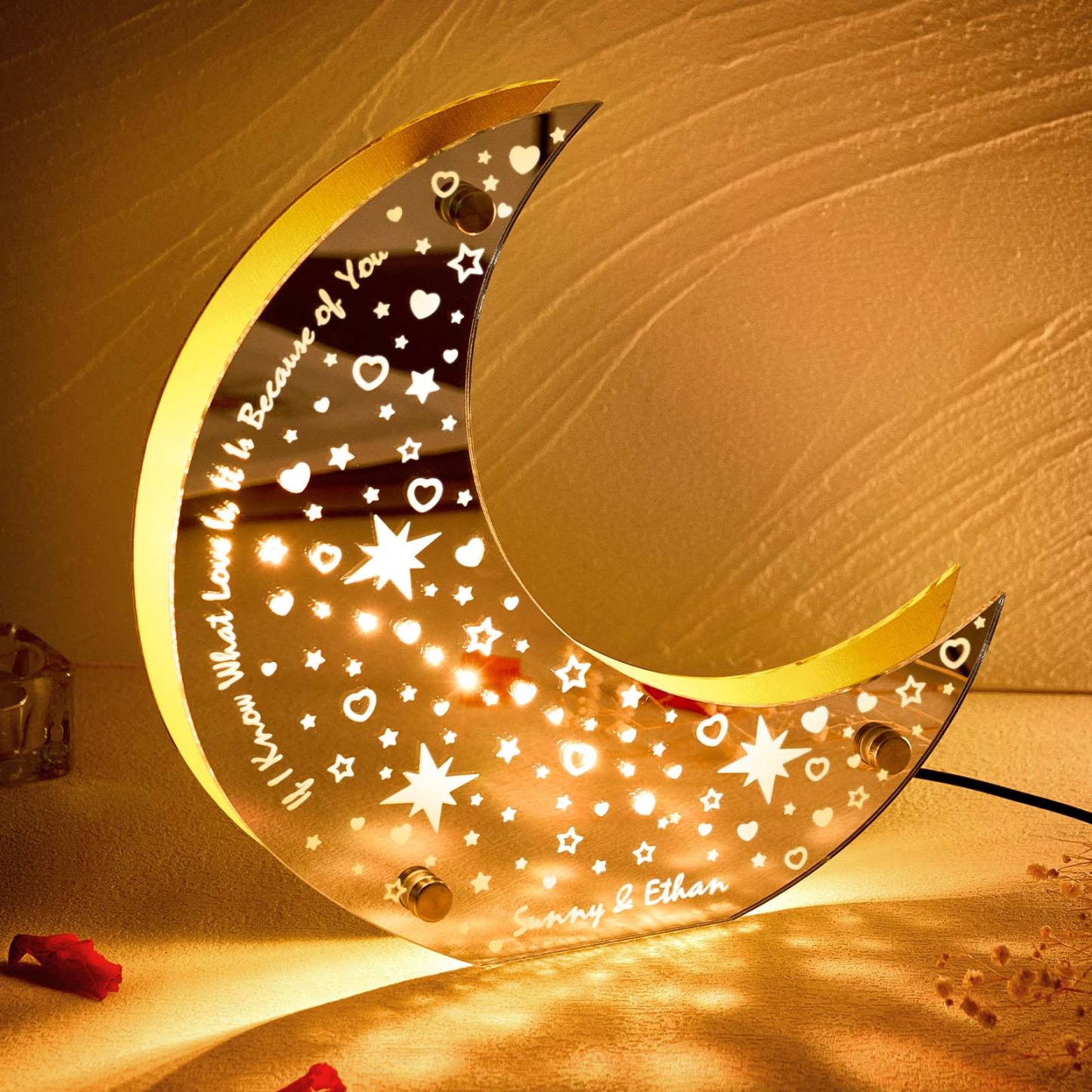 Personalized Engraved LED Moon Mirror Light Custom Home Decor Gift for Couple - mymoonlampuk