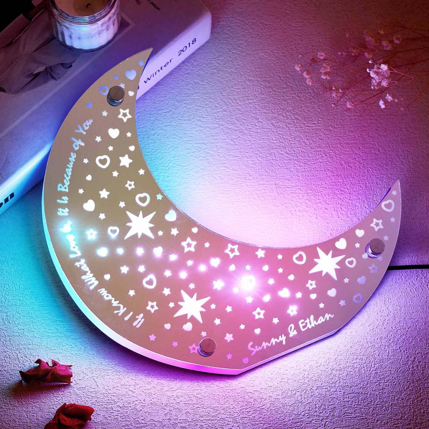 Personalized Engraved LED Moon Mirror Light Custom Home Decor Gift for Couple - mymoonlampuk