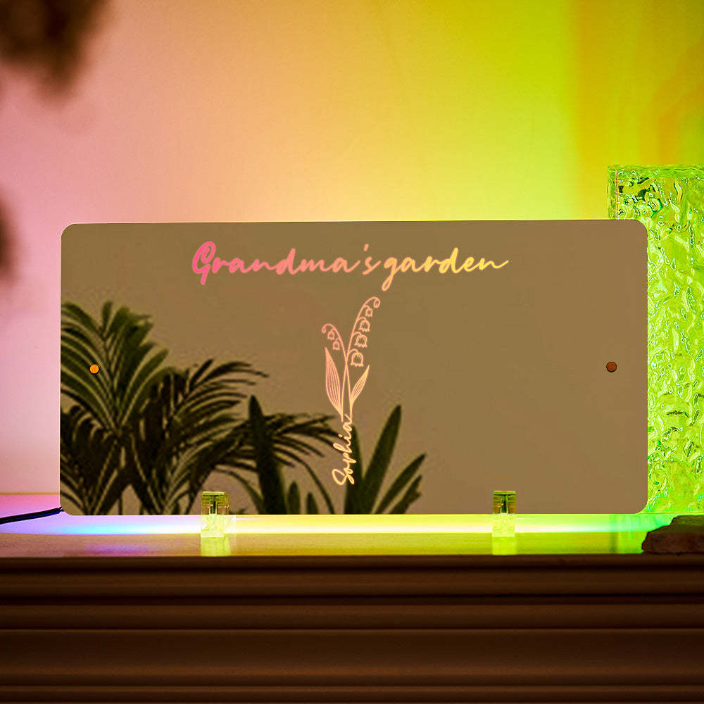 Personalized LED Name Mirror Light Grandma's Garden Sign with Birth Month Flower - MyMoonLampUk