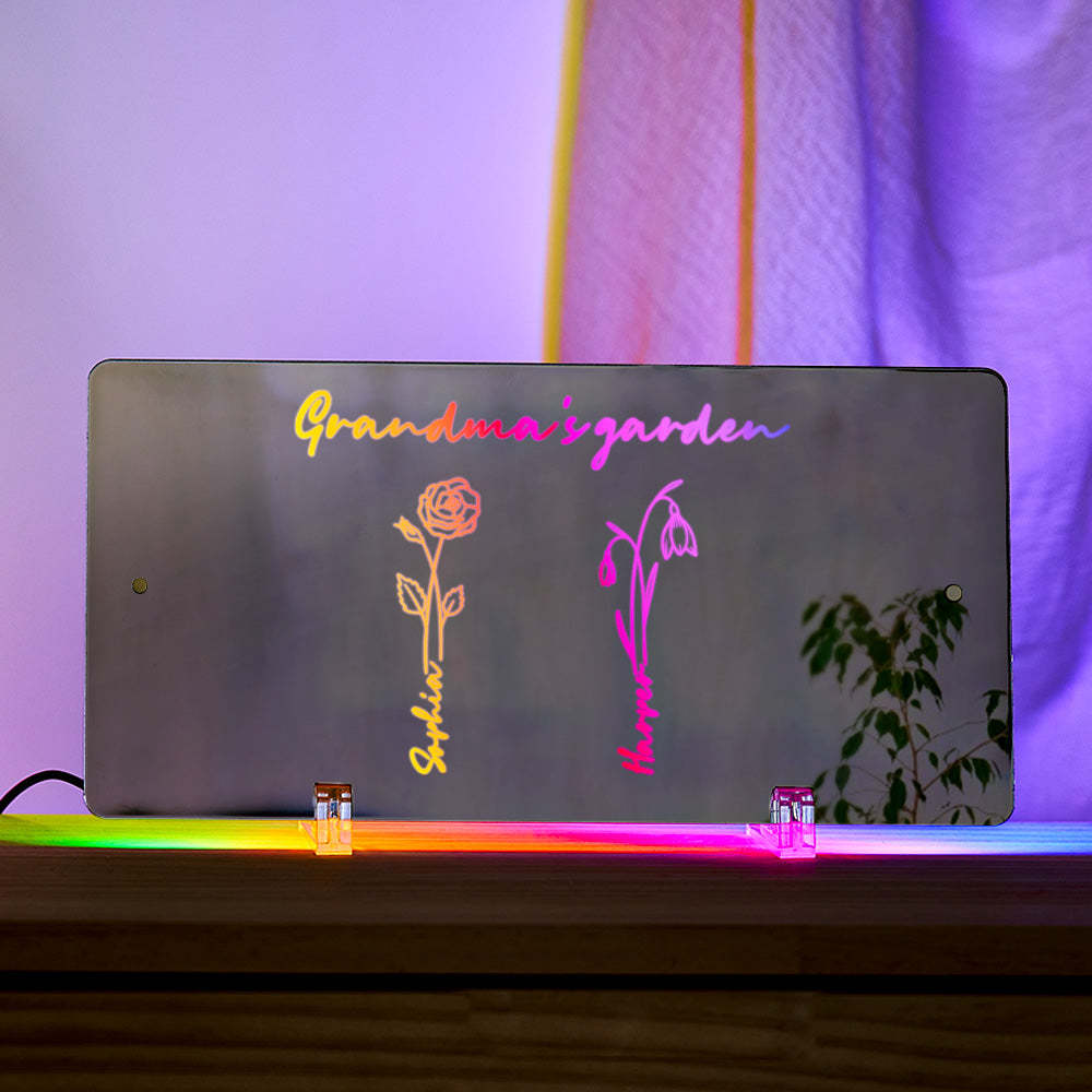 Personalized LED Name Mirror Light Grandma's Garden Sign with Birth Month Flower - MyMoonLampUk