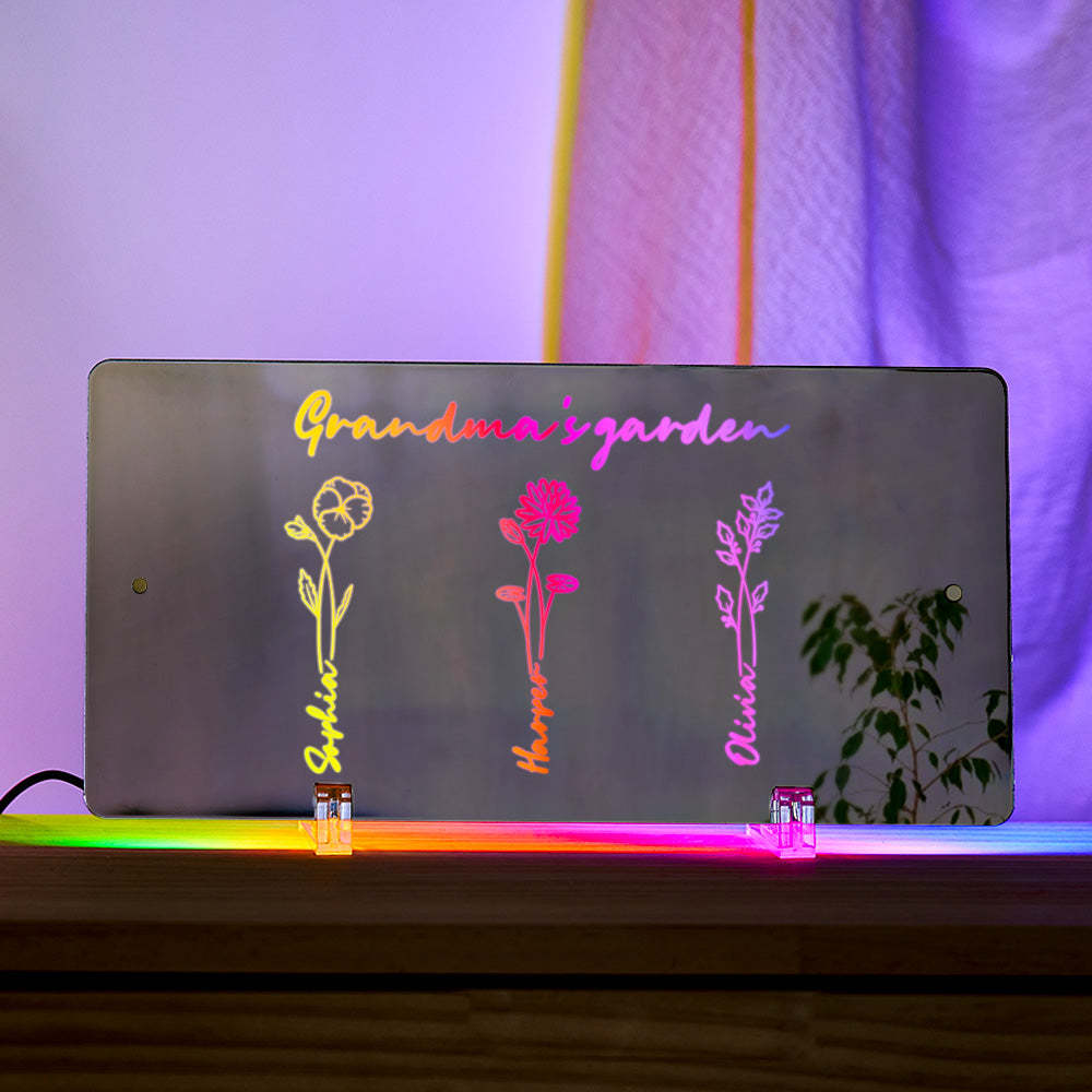 Personalized LED Name Mirror Light Grandma's Garden Sign with Birth Month Flower - MyMoonLampUk