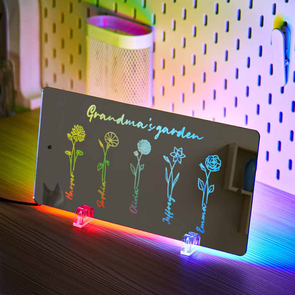 Personalized LED Name Mirror Light Grandma's Garden Sign with Birth Month Flower - MyMoonLampUk